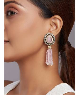 Pink Monalisa Beaded Drop Earrings With Pink Carved Agate 1