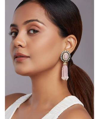 Pink Monalisa Beaded Drop Earrings With Pink Carved Agate 2