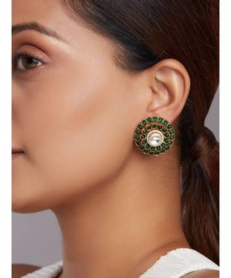Hydro Mozanite Polki Stud Earrings With Hydro Emeralds 1
