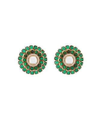 Hydro Mozanite Polki Stud Earrings With Hydro Emeralds 3