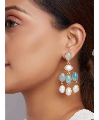 Blue Agate Drop Earrings With Fresh Water Pearls 1