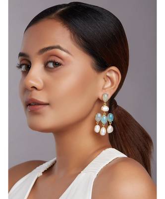 Blue Agate Drop Earrings With Fresh Water Pearls 2