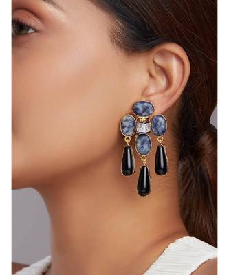 Black Onyx Drop Earrings With Blue Lapis Beads 1