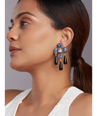 Black Onyx Drop Earrings With Blue Lapis Beads 2