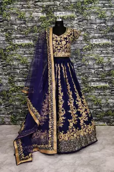 Navy Blue Dori and Sequins Embroidered Raw Silk Indian Wedding Lehenga Choli Set