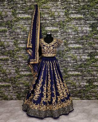 Navy Blue Dori and Sequins Embroidered Raw Silk Indian Wedding Lehenga Choli Set 7