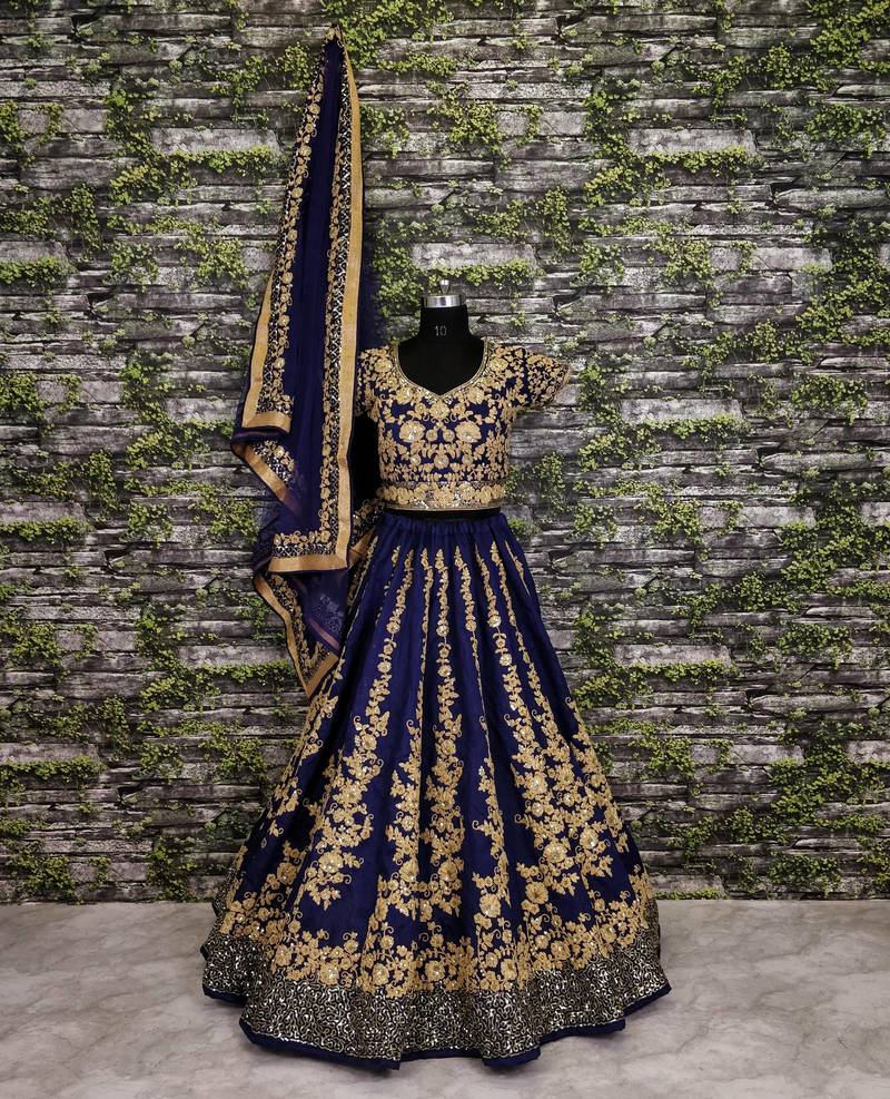 Navy Blue Silk Lehenga Choli Set
