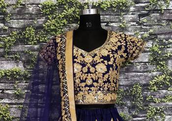 Navy Blue Dori and Sequins Embroidered Raw Silk Indian Wedding Lehenga Choli Set 8