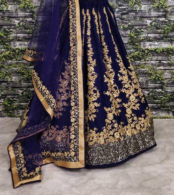 Navy Blue Dori and Sequins Embroidered Raw Silk Indian Wedding Lehenga Choli Set 9