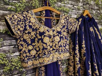 Navy Blue Dori and Sequins Embroidered Raw Silk Indian Wedding Lehenga Choli Set 10