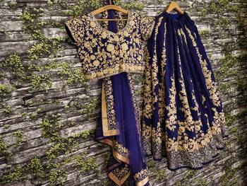 Navy Blue Dori and Sequins Embroidered Raw Silk Indian Wedding Lehenga Choli Set 11