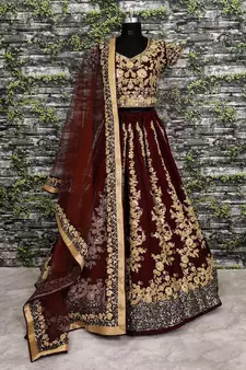 Maroon Dori & Sequins Embroidered Silk Lehenga Choli For Wedding