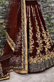  Maroon Dori & Sequins Embroidered Silk Lehenga Choli For Wedding