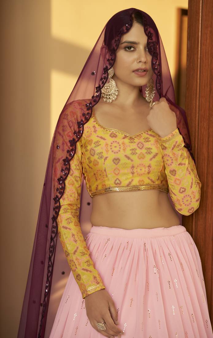 Pink Embellished Mukaish work Georgette semi stitched lehenga