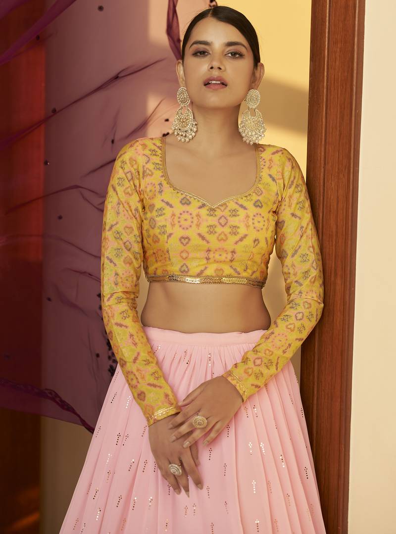 Pink Embellished Mukaish work Georgette semi stitched lehenga