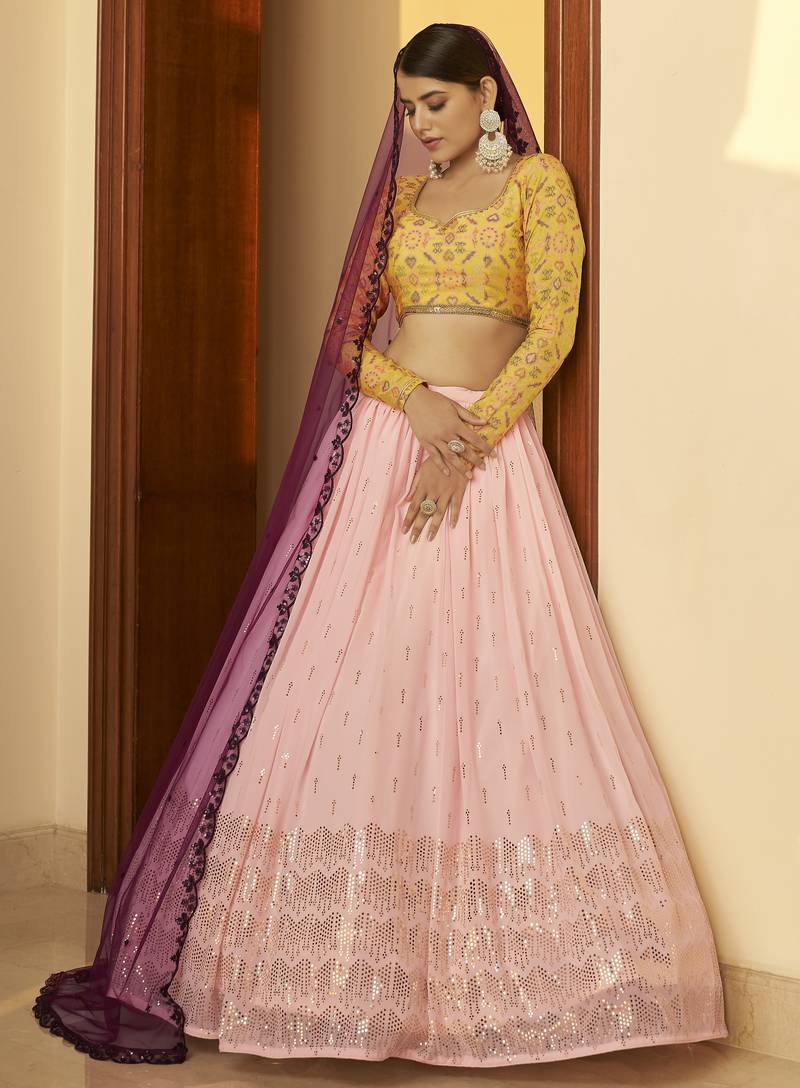 Pink Embellished Mukaish work Georgette semi stitched lehenga