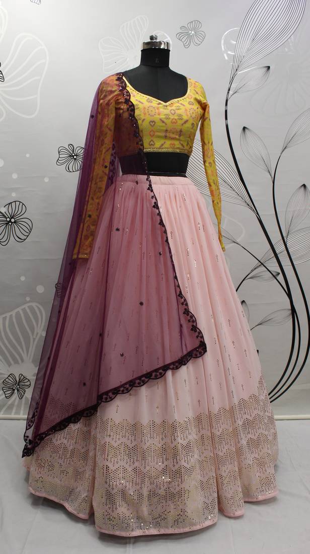 Pink Embellished Mukaish work Georgette semi stitched lehenga
