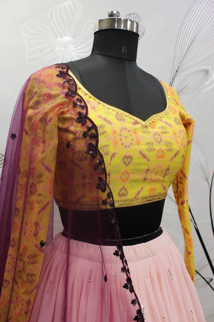 Pink Embellished Mukaish work Georgette semi stitched lehenga
