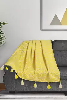 Mezposh Acoustic Neon Yellow & White Diamond Pattern Cotton Acrylic Sofa Throw (170 x 130 cm)