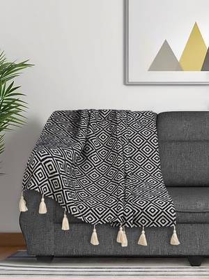 Mezposh Acoustic Navy Blue & Natural Diamond Pattern Cotton Acrylic Sofa Throw (170 x 130 cm) 1