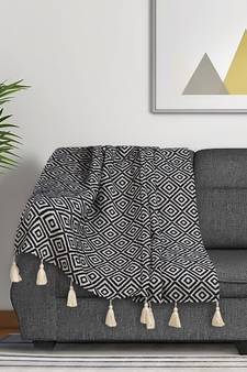 Mezposh Acoustic Navy Blue & Natural Diamond Pattern Cotton Acrylic Sofa Throw (170 x 130 cm)