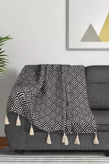 Mezposh Acoustic Navy Blue & Natural Diamond Pattern Cotton Acrylic Sofa Throw (170 x 130 cm)