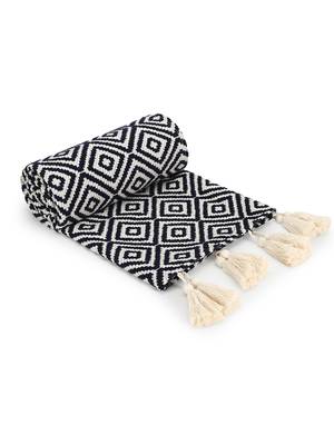 Mezposh Acoustic Navy Blue & Natural Diamond Pattern Cotton Acrylic Sofa Throw (170 x 130 cm) 2