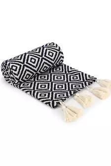 Mezposh Acoustic Navy Blue & Natural Diamond Pattern Cotton Acrylic Sofa Throw (170 x 130 cm)