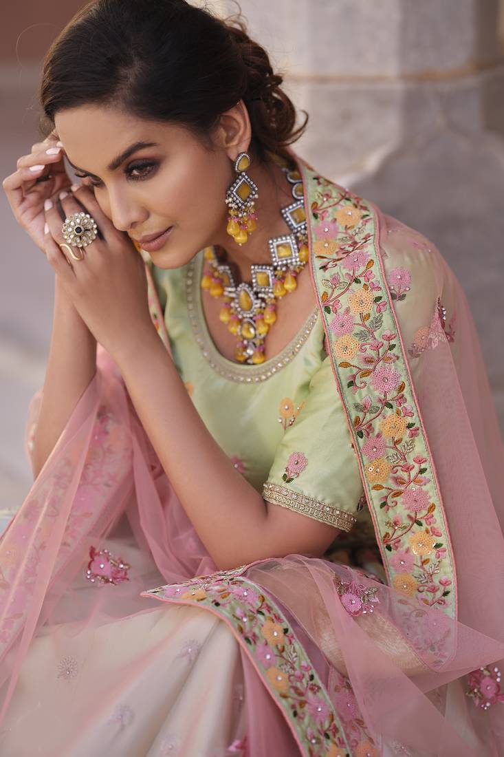 Eye-catching Pista green Zarkan with Sequins embroidered Satin Wedding Lehenga