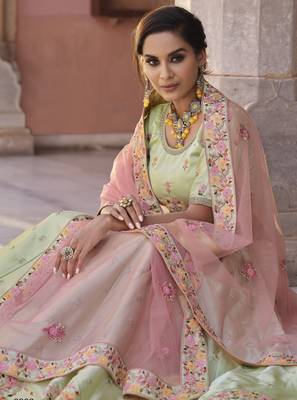 Eye-catching Pista green Zarkan with Sequins embroidered Satin Wedding Lehenga 3