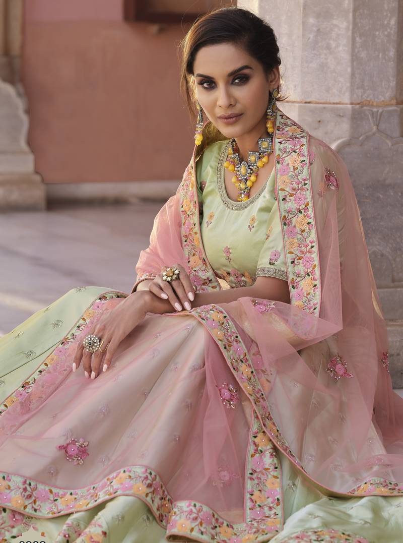 Eye-catching Pista green Zarkan with Sequins embroidered Satin Wedding Lehenga