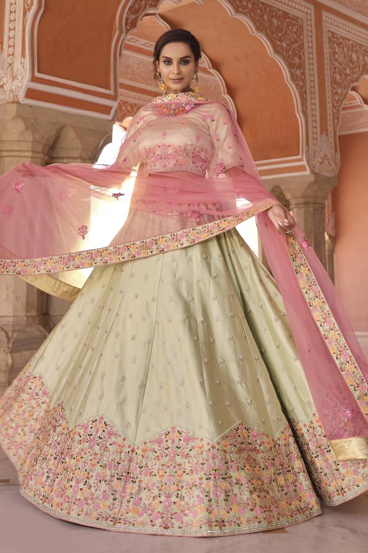 Eye-catching Pista green Zarkan with Sequins embroidered Satin Wedding Lehenga