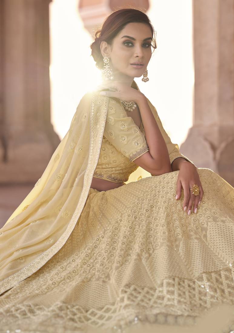 Heavenly Light-yellow sequins and thread embroidered with foil mirror work georgette designer ghagra choli with dupatta