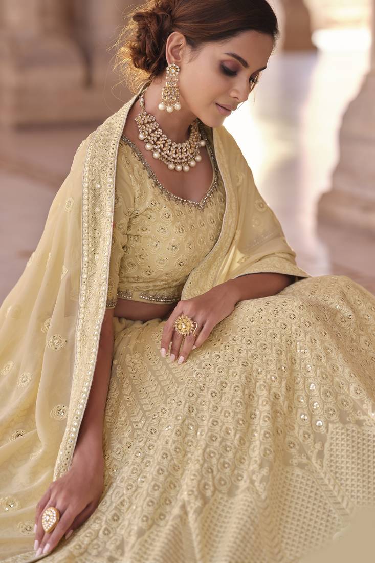 Heavenly Light-yellow sequins and thread embroidered with foil mirror work georgette designer ghagra choli with dupatta
