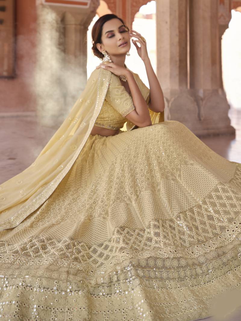 Heavenly Light-yellow sequins and thread embroidered with foil mirror work georgette designer ghagra choli with dupatta