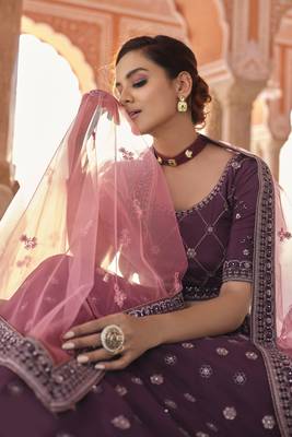 Hypnotizing Wine dori and thread embroidered with zarkan crepe designer Lehenga choli 2