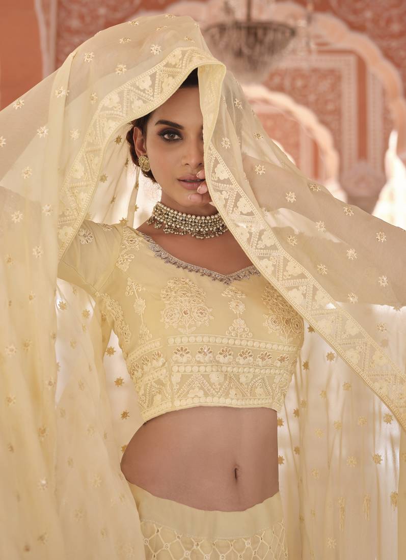 Gorgeous Lime yellow sequins and thread embroidered georgette Semi Stitched designer Lehenga choli for women