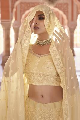 Gorgeous Lime yellow sequins and thread embroidered georgette Semi Stitched designer Lehenga choli for women 3