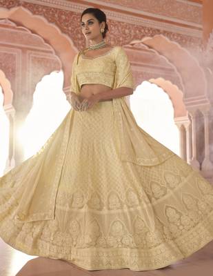 Gorgeous Lime yellow sequins and thread embroidered georgette Semi Stitched designer Lehenga choli for women 4