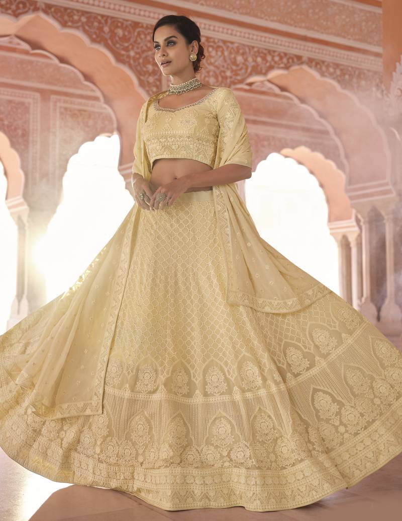 Gorgeous Lime yellow sequins and thread embroidered georgette Semi Stitched designer Lehenga choli for women