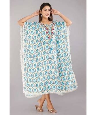 Women's Mirror Work Rayon  Blue  Stitched Kaftan Kurta Dress 1