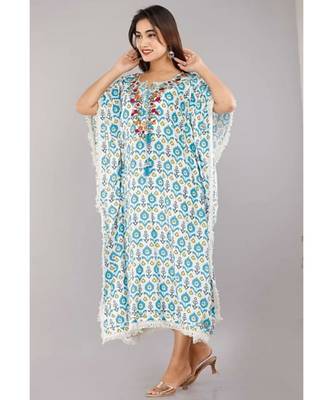Women's Mirror Work Rayon  Blue  Stitched Kaftan Kurta Dress 4