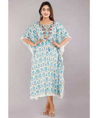 Women's Mirror Work Rayon  Blue  Stitched Kaftan Kurta Dress 5