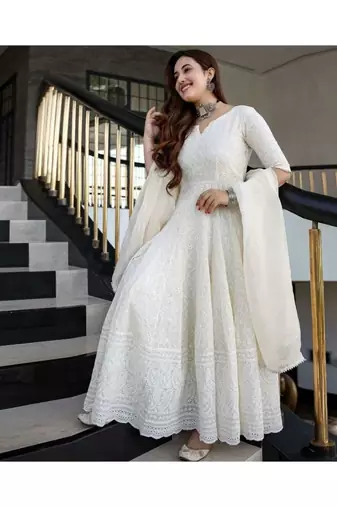 Off White Lucknowi Chikankari With Embroidery Cotton Kurta Partywear Gown With Dupatta