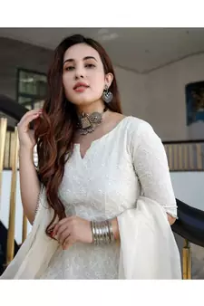 Off White Lucknowi Chikankari With Embroidery Cotton Kurta Partywear Gown With Dupatta