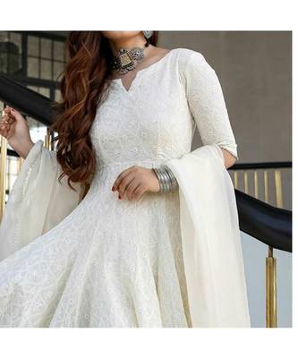 Off White Lucknowi Chikankari With Embroidery Cotton Kurta Partywear Gown With Dupatta 4