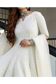 Off White Lucknowi Chikankari With Embroidery Cotton Kurta Partywear Gown With Dupatta