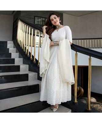 Off White Lucknowi Chikankari With Embroidery Cotton Kurta Partywear Gown With Dupatta 5