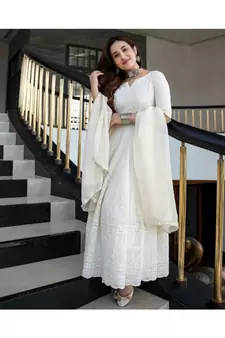 Off White Lucknowi Chikankari With Embroidery Cotton Kurta Partywear Gown With Dupatta