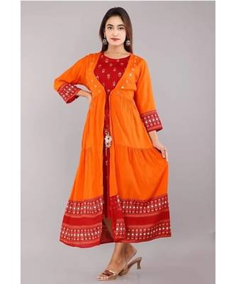 Orange Colored Party Wear Embroidered Rayon Anarkali Suit With jacket 3